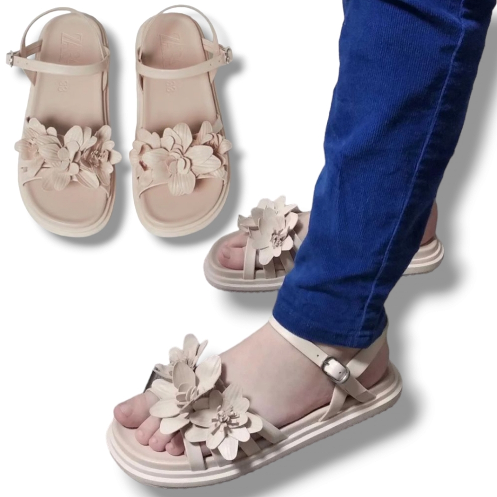 Zara Ladies Beige Floral Detail Flat Sandals